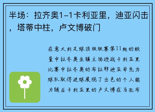 半场：拉齐奥1-1卡利亚里，迪亚闪击，塔蒂中柱，卢文博破门