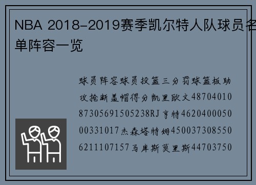 NBA 2018-2019赛季凯尔特人队球员名单阵容一览